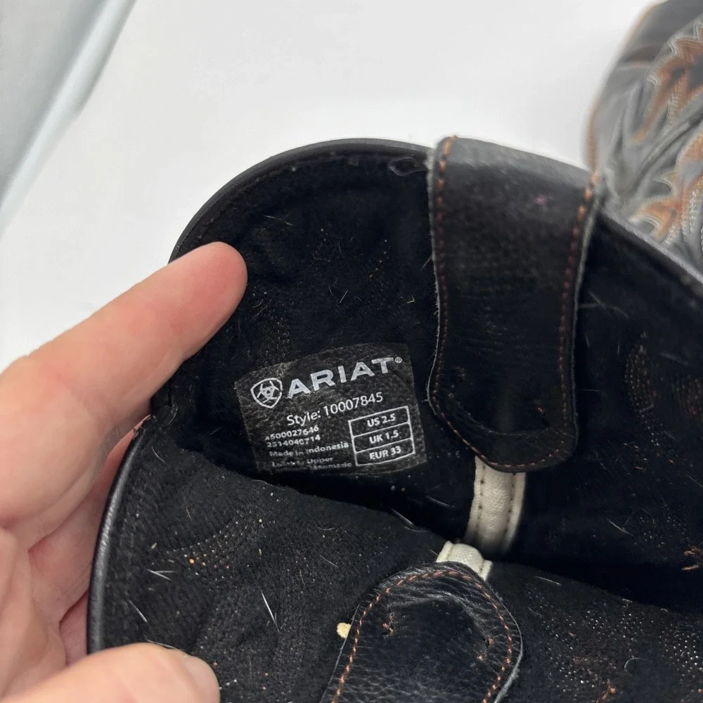Ariat Youth Western Square Toe Cowboy Boots Size 2.5 Black With Brown Designs